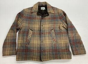 VTG Maine Guide Congress wool tweed plaid fleece lined button shirt jacket L